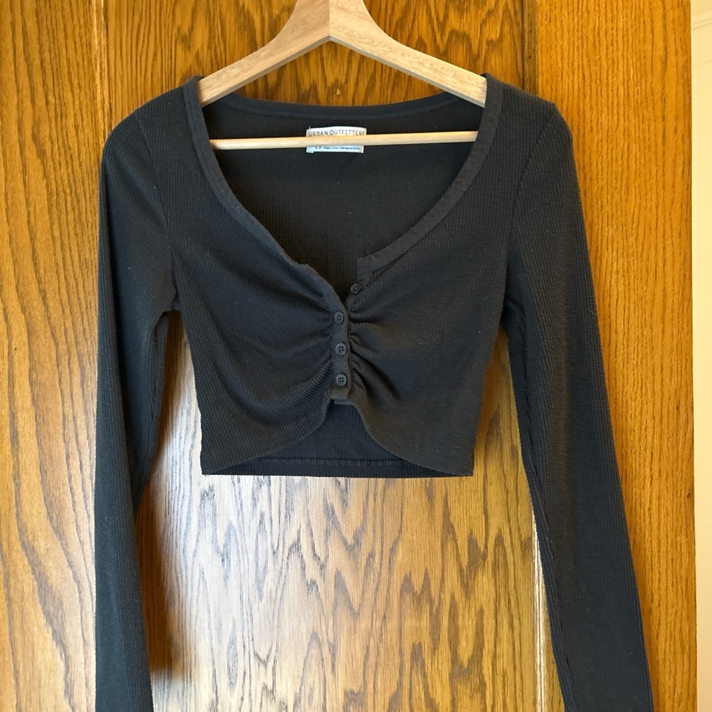 Urban Outfitters Black Ruched Long Sleeve Crop Blouse